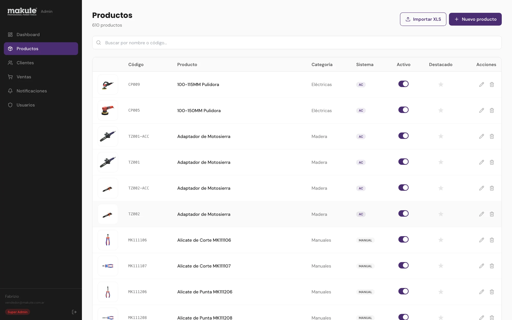 Productos: 610 herramientas con código, categoría, sistema, importación desde XLS y control de publicación