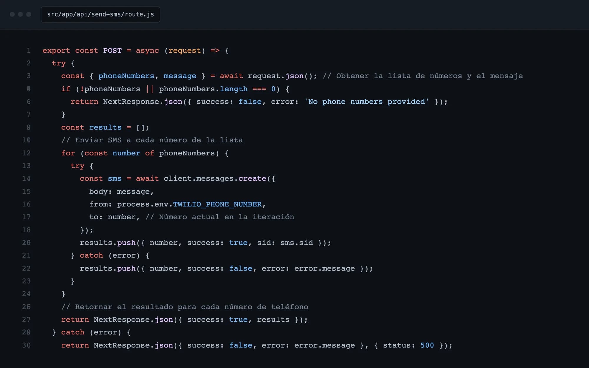 API route que recorre los números y registra el SID de cada envío