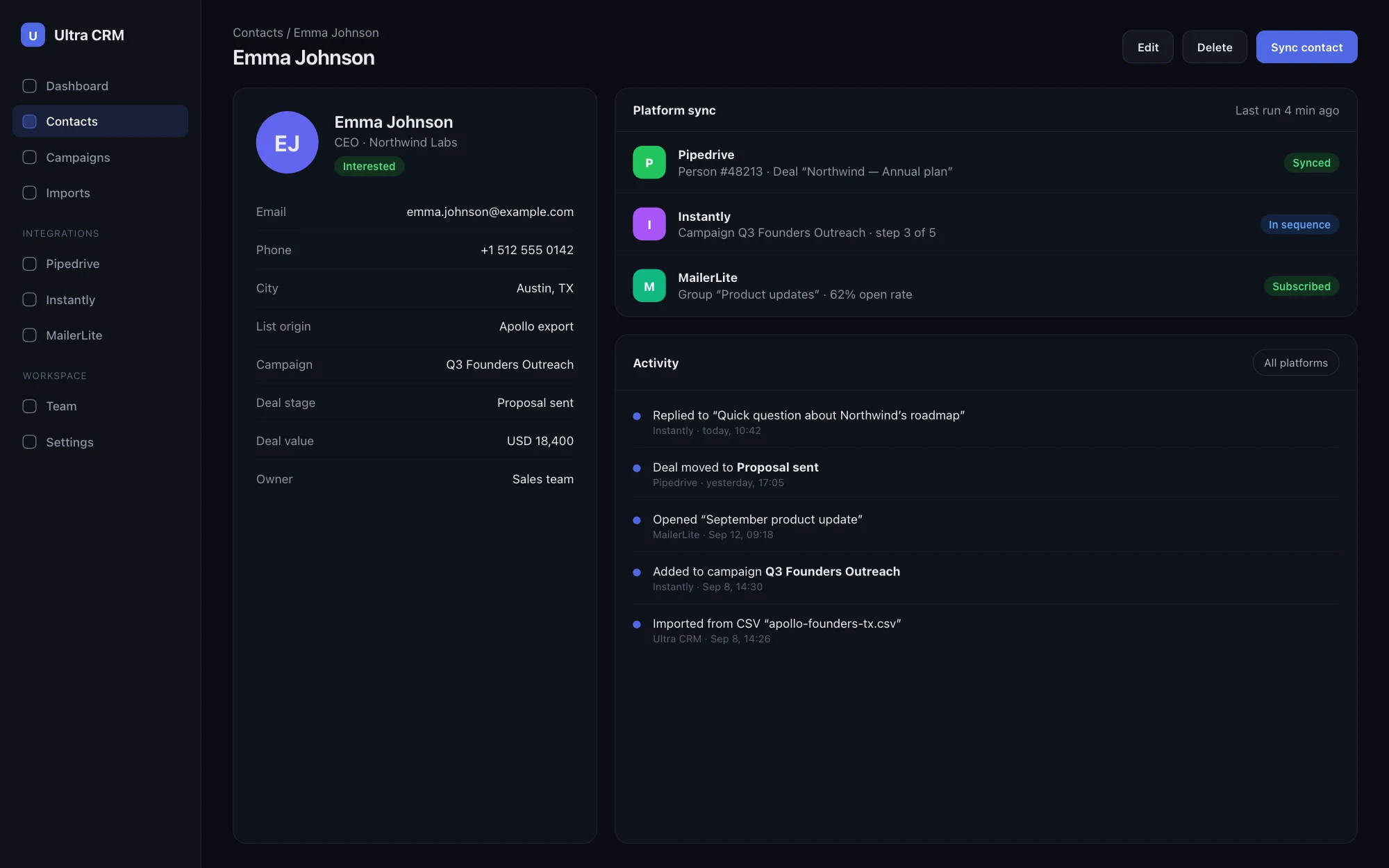 Ficha de contacto con sincronización directa a Pipedrive, Instantly y MailerLite