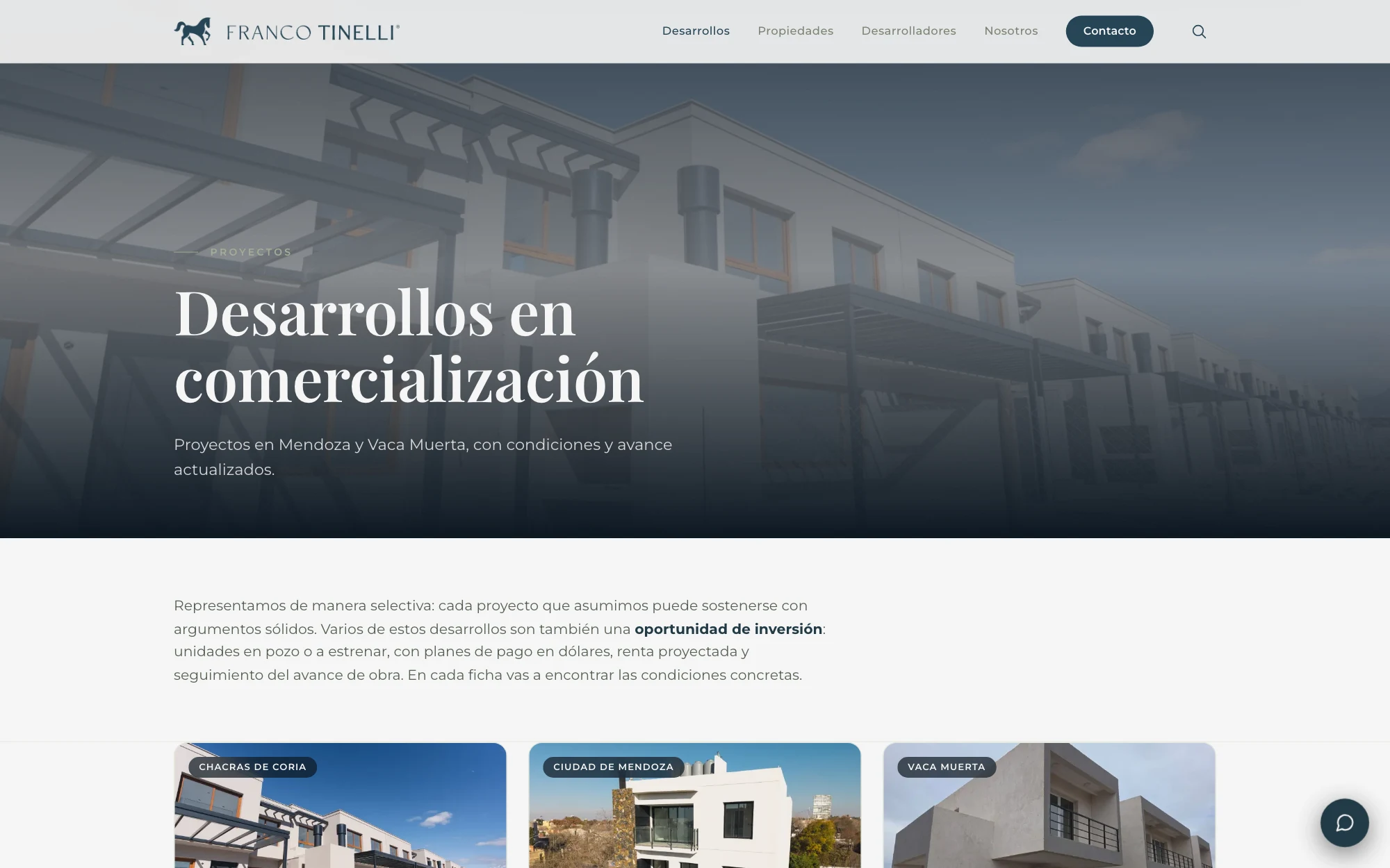 Desarrollos en comercialización con condiciones y avance de cada proyecto