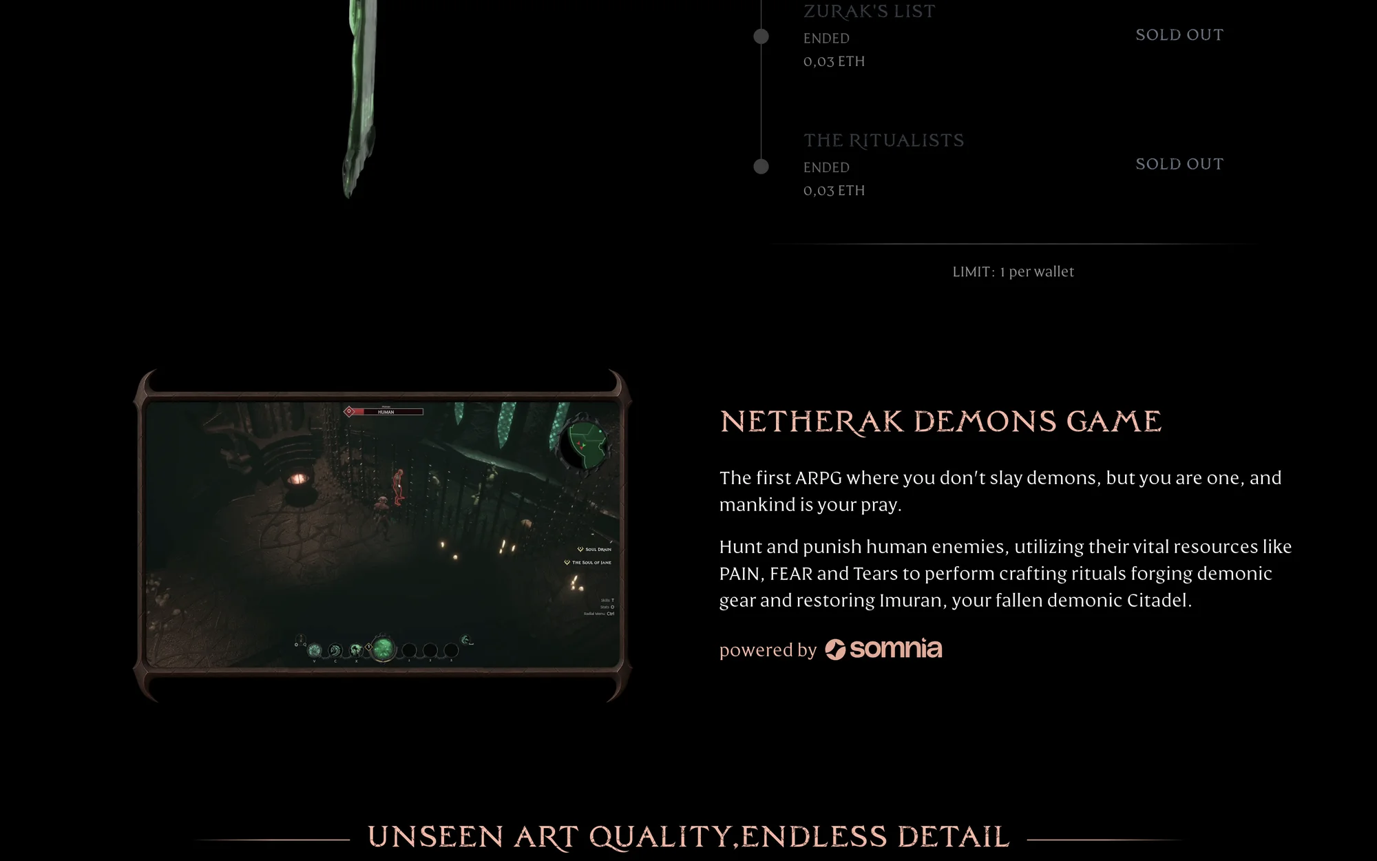 Sección del juego Netherak Demons, con gameplay y la presentación de la red Somnia