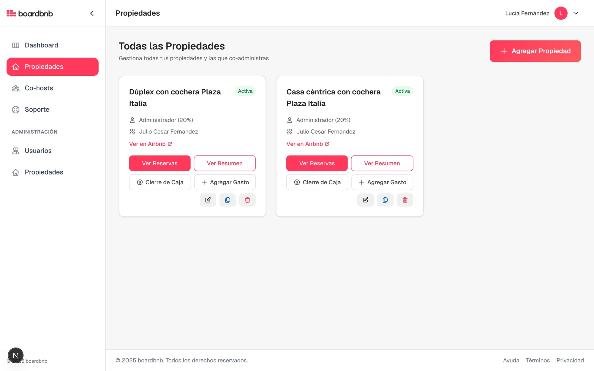 Listado de propiedades con accesos a reservas, resumen y cierre de caja
