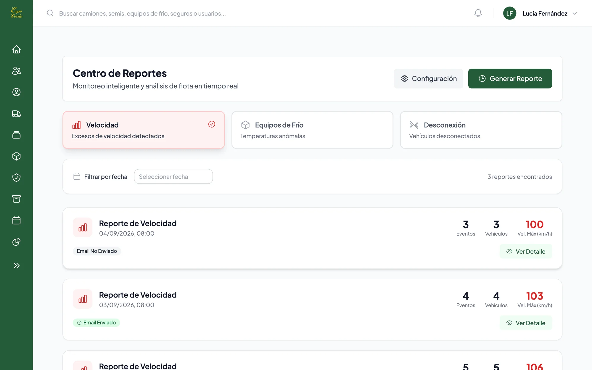 Centro de reportes: excesos de velocidad, equipos de frío y desconexiones